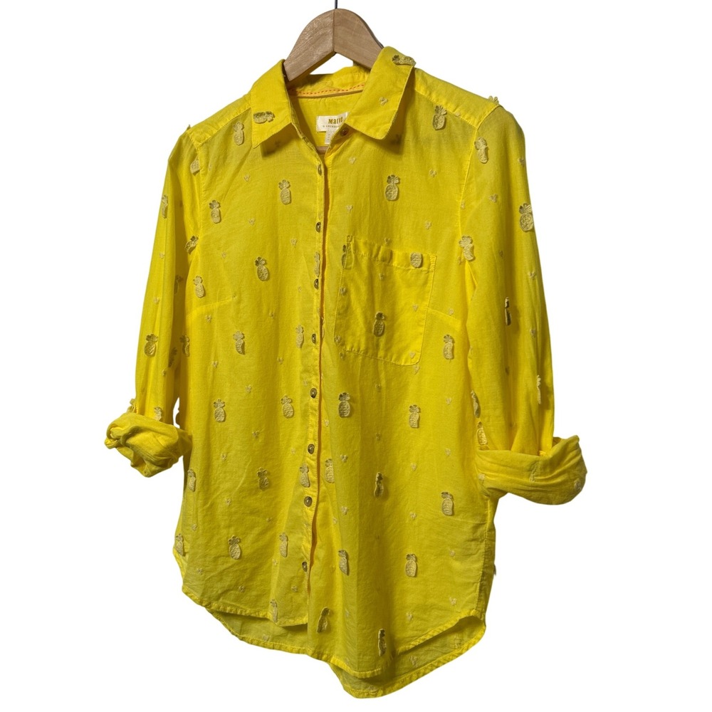 Maeve Anthropologie Yellow‎ Embroidered Pineapple Button Up Shirt Women's Size M